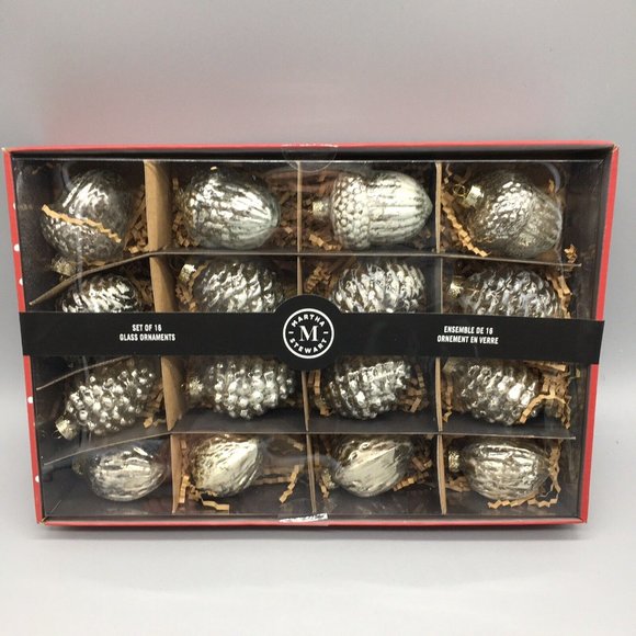 x16 Martha Stewart Frosted Silver Mercury Glass Ornament Set Pinecone Acorn NEW - Picture 2 of 9